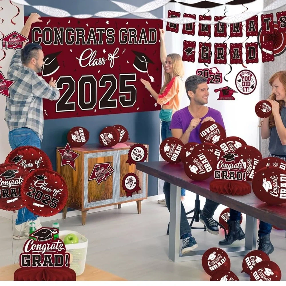 Graduation Party Decoration Set - Maroon and White